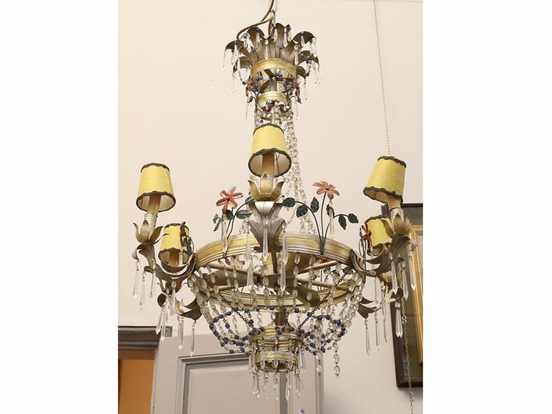 Lampadario a Paniere in Tole Argentata e Vetro