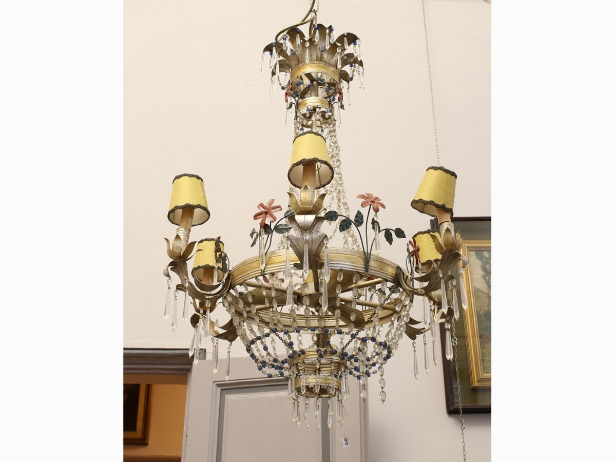 Lampadario a Paniere in Tole Argentata e Vetro