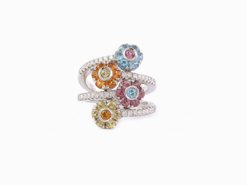 Anello in Oro Bianco, Diamanti e Pietre Semipreziose