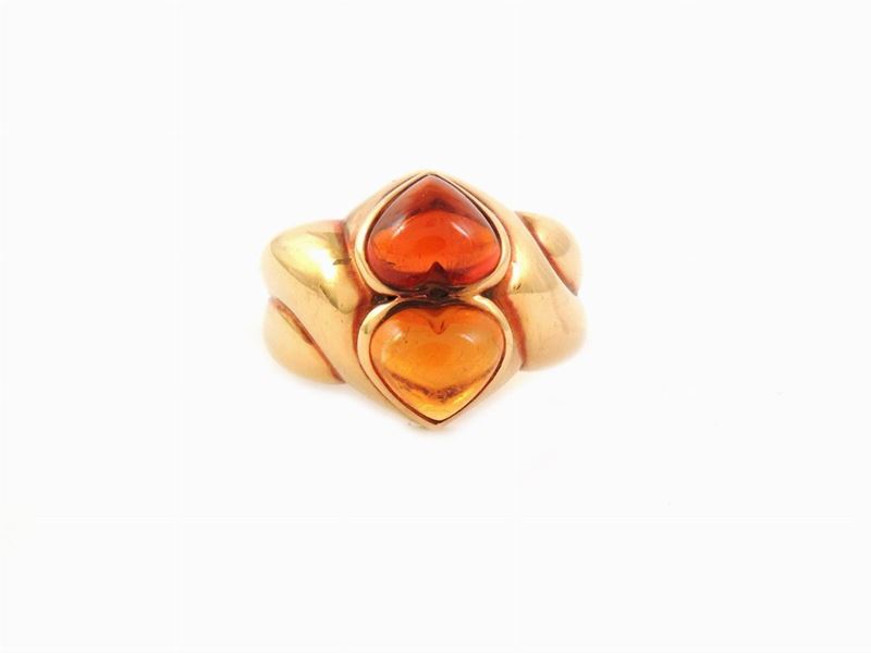 Anello Bulgari "due Cuori" in Oro Giallo e Quarzi Citrino e Madera
