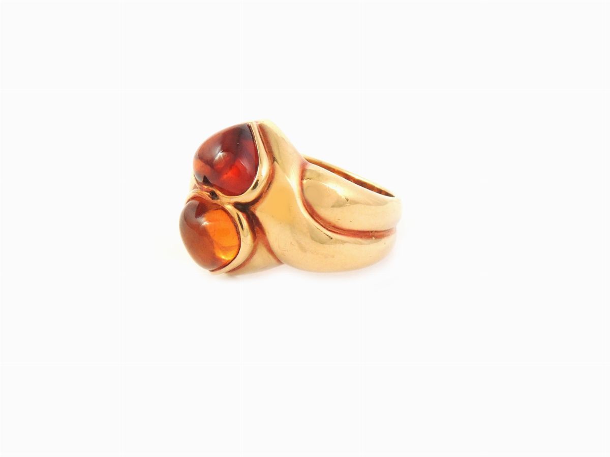 Anello Bulgari "due Cuori" in Oro Giallo e Quarzi Citrino e Madera