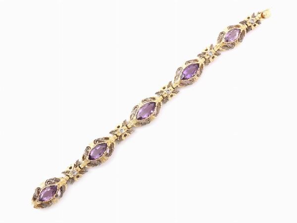 Yellow gold and silver bracelet with amethyst quartzes