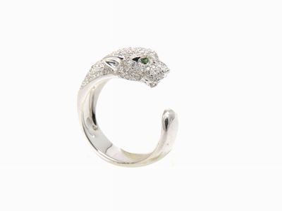 Anello Animalier in Oro Bianco con Diamanti e Smeraldi