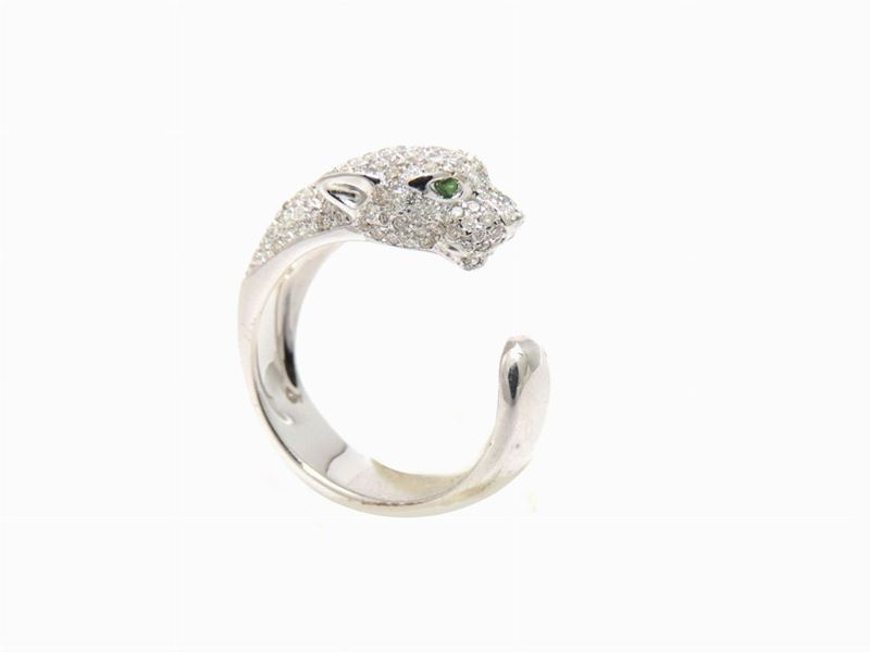 Anello Animalier in Oro Bianco con Diamanti e Smeraldi