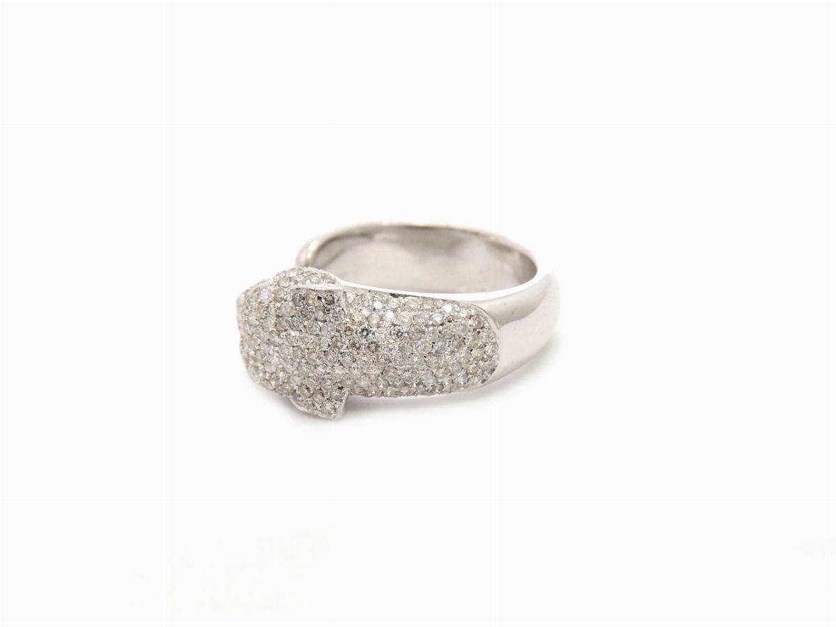 Anello Animalier in Oro Bianco con Diamanti e Smeraldi