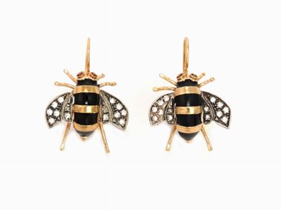 Orecchini Animalier in Oro Giallo 375/1000, Argento e Smalto Nero con Diamanti e Rubini