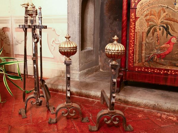 A fireplace wrougth iron and brass set  - Auction Furniture and Paintings from Palazzo al Bosco and from other private property - Maison Bibelot - Casa d'Aste Firenze - Milano