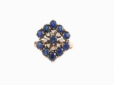Anello in Oro Giallo 585/1000 con Diamanti e Zaffiri