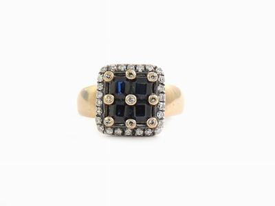 Anello in Oro Giallo e Bianco con Diamanti e Zaffiri