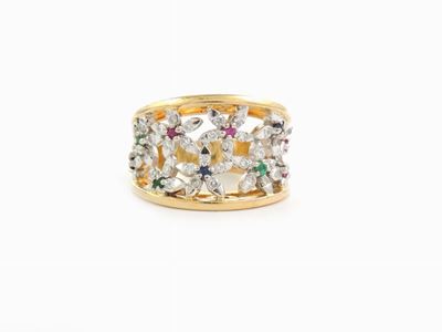 Anello a Fascia in Oro Giallo e Bianco con Diamanti, Rubini, Zaffiri e Smeraldi