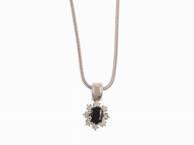 Demi Parure Catenina Maglia Veneziana, Pendente e Anello in Oro Bianco 585/1000, Diamanti e Zaffi...