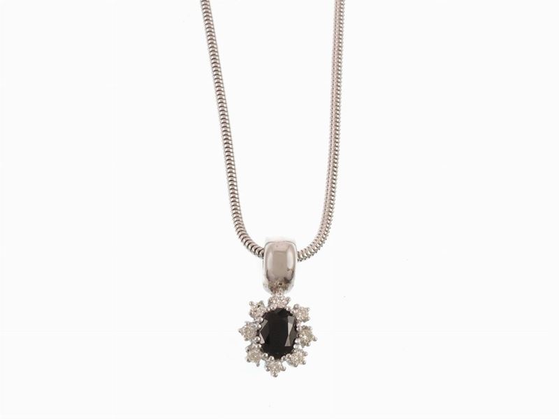 Demi Parure Catenina Maglia Veneziana, Pendente e Anello in Oro Bianco 585/1000, Diamanti e Zaffi...