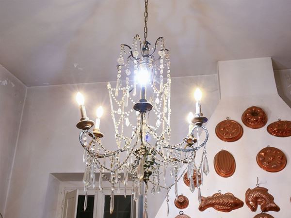 A metal and wooden chandelier