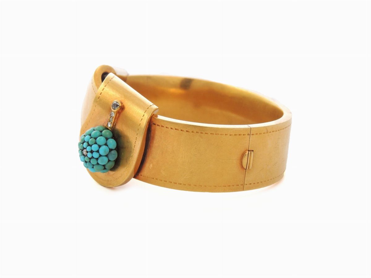 Demi Parure Bracciale Rigido, Ciondolo e Orecchini in Oro Giallo con Diamanti e Turchesi