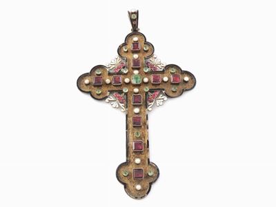 Pendente in Argento con Rubini, Microperle, Paste Vitree e Smalti Policromi
