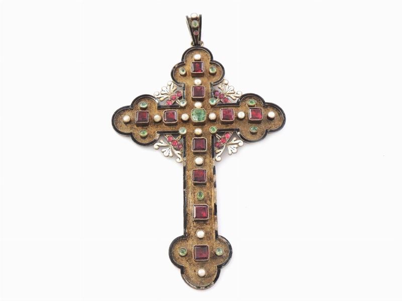 Pendente in Argento con Rubini, Microperle, Paste Vitree e Smalti Policromi
