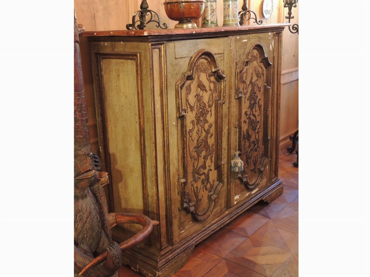 Credenza in Legno Laccato Color Verde Acqua e Pastiglia Argentata