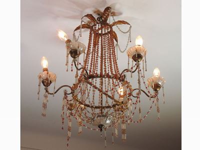 Piccolo Lampadario a Paniere in Metalo Dorato e Vetro