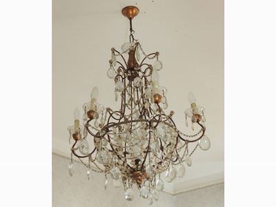 Lampadario a Paniere in Metallo Dorato e Vetro