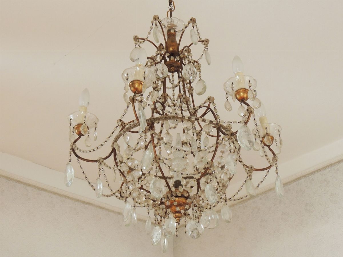Lampadario a Paniere in Metallo Dorato e Vetro