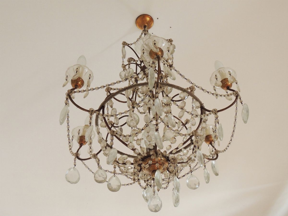 Lampadario a Paniere in Metallo Dorato e Vetro