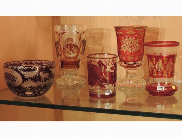 Four Bohemian crystal goblets and a bowl