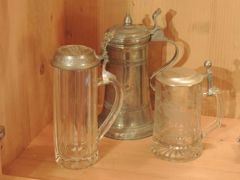 Tre Tankard in Cristallo Molato e Peltro