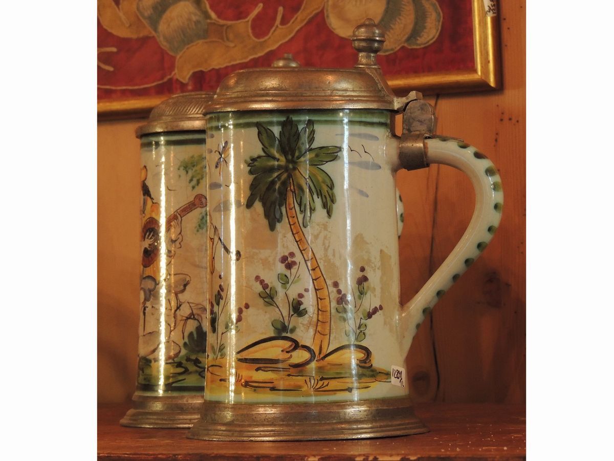 Serie di Dodici Tankard in Maiolica e Peltro