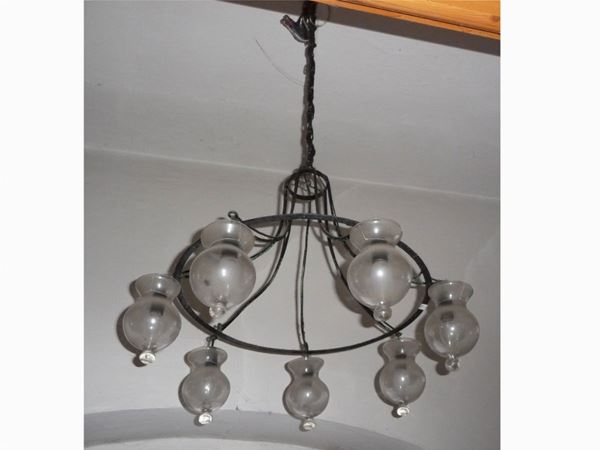 A metal and glass chandelier