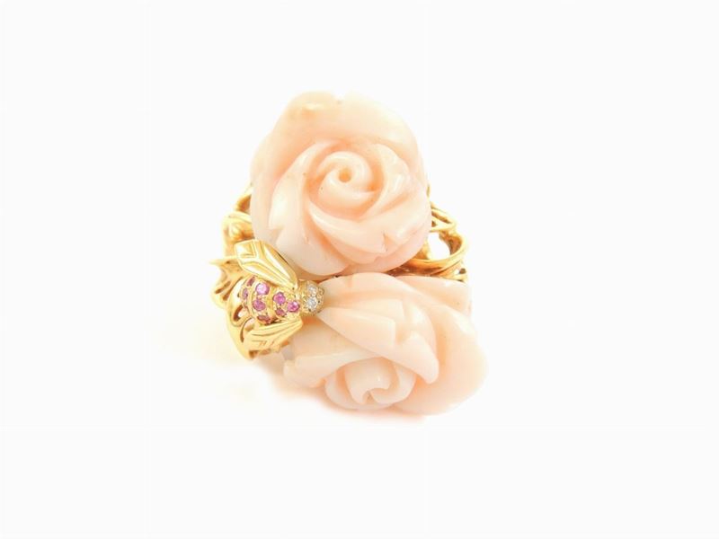 Anello Dior in Oro Giallo, Diamanti, Rubini e Coralli Rosa