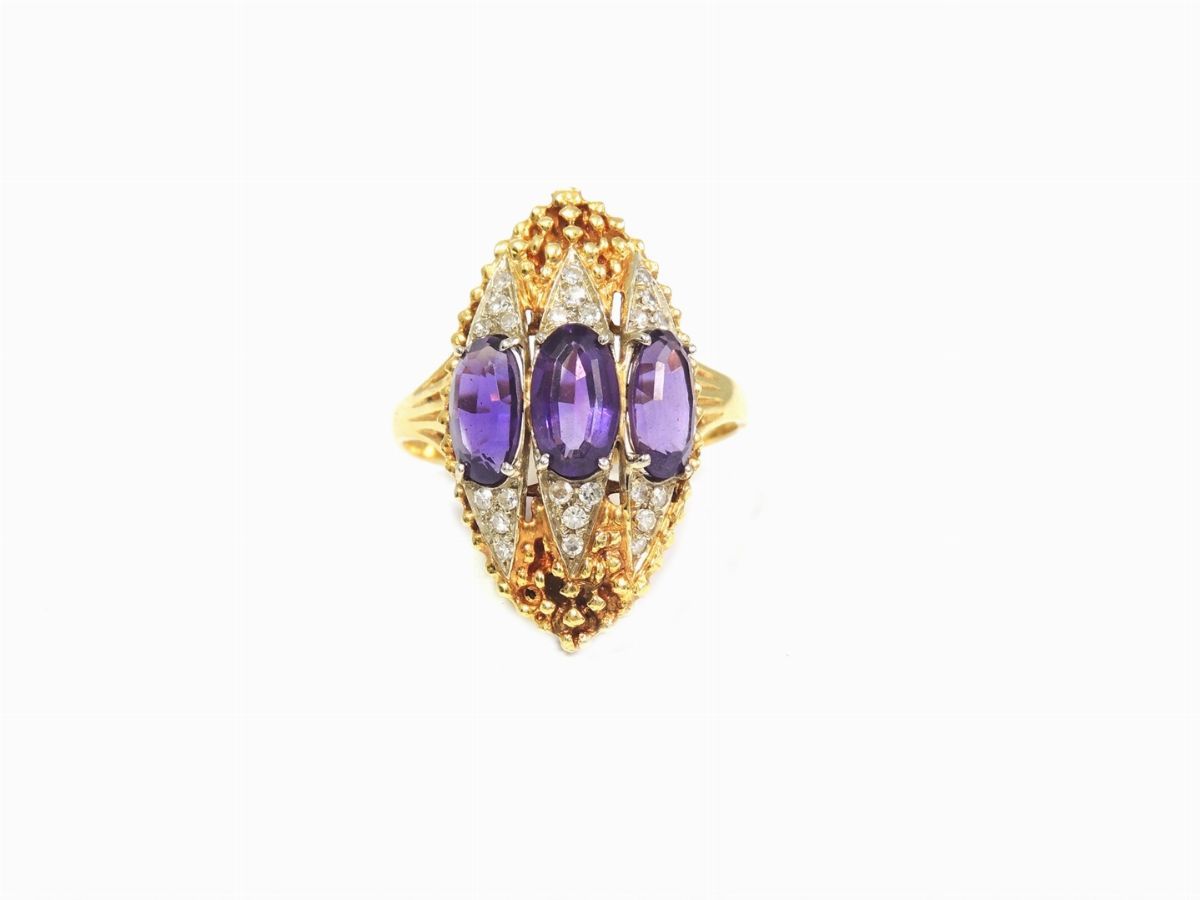 Anello e Bracciale "baciamano" in Oro Giallo, Diamanti e Quarzi Ametista