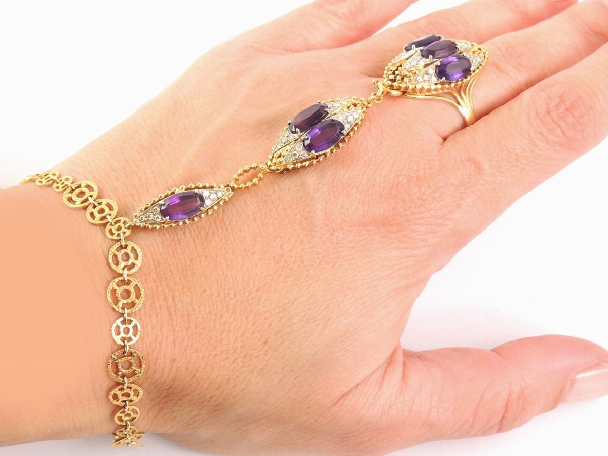 Anello e Bracciale "baciamano" in Oro Giallo, Diamanti e Quarzi Ametista