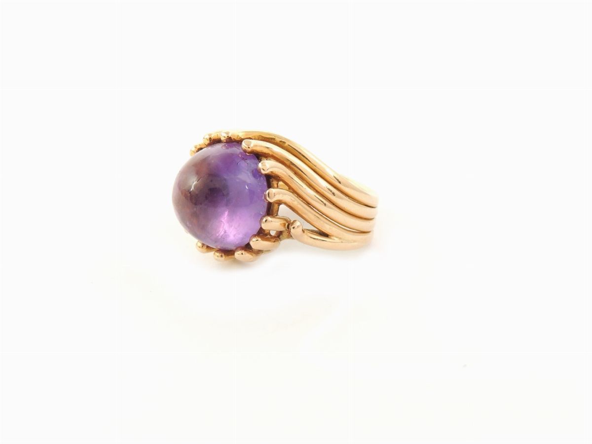 Anello da Mignolo in Oro Giallo con Quarzo Ametista