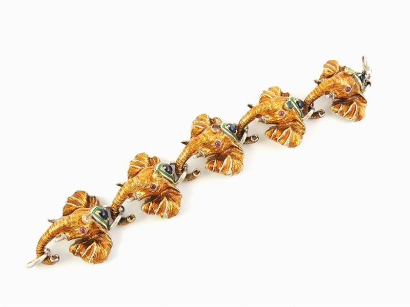 Bracciale Animalier in Argento e Oro Giallo, Smalti Policromi, Zaffiri, Rubini e Tormaline