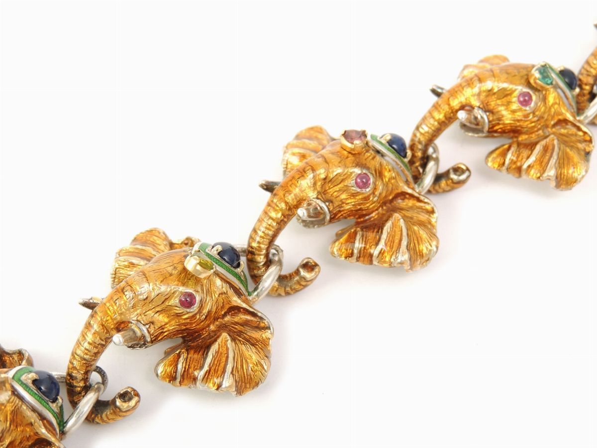 Bracciale Animalier in Argento e Oro Giallo, Smalti Policromi, Zaffiri, Rubini e Tormaline