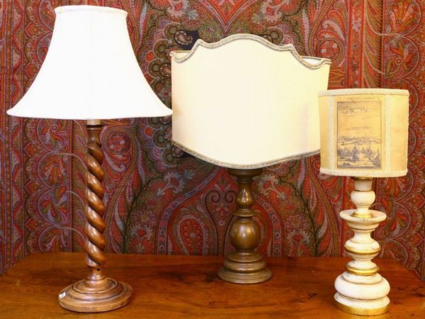 Three wooden table lamps