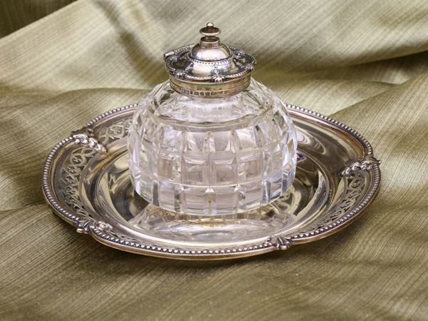 A victorian silver and crystal inkwell