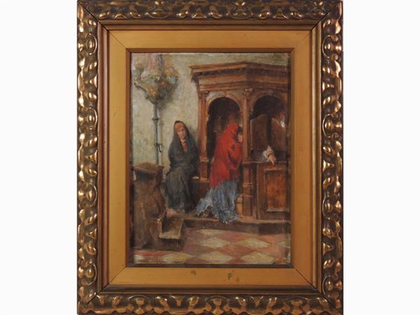 Alphons Hollaender : Church interior with confession scene  ((1845-1923))  - Auction A florentine collection - Maison Bibelot - Casa d'Aste Firenze - Milano