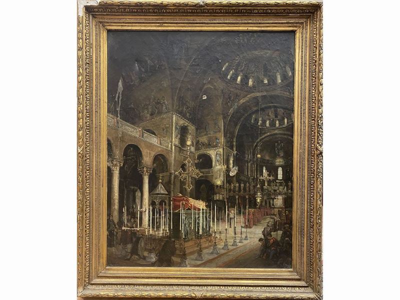 Interno della Basilica di San Marco con Scena del Funerale del Patriarca
