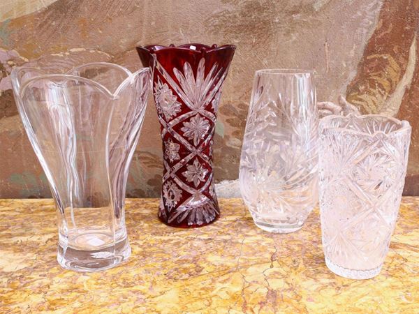 Four crystal and glass vases