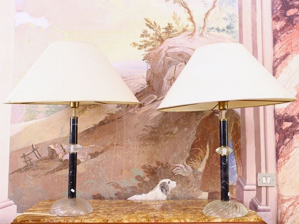 A pair of marble and glass table lamp