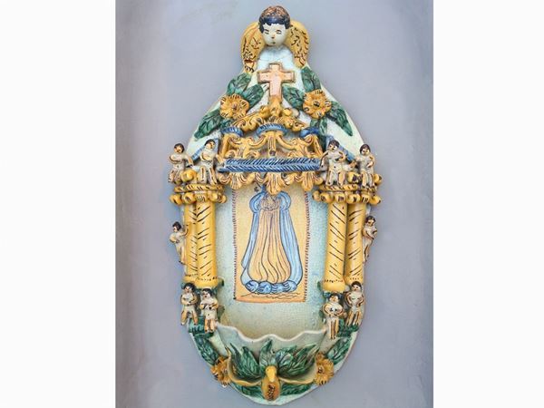 A glazed terracotta Holy Water font  (Central Italy, 20th century)  - Auction Furniture and Paintings from Palazzo al Bosco and from other private property - Maison Bibelot - Casa d'Aste Firenze - Milano