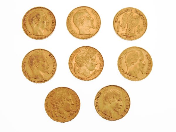 Eight 20 Francs coins, 2nd Republic (1848-1852), Napoleon III (1852-1870)