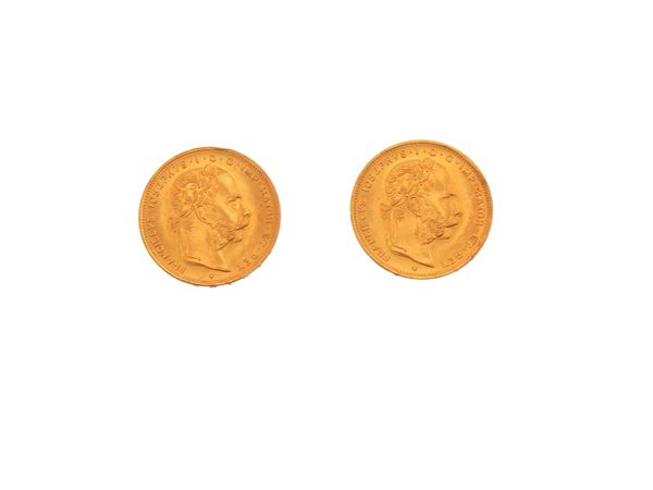 Two 20 Francs/8 Florins coins, Franz Joseph I (1848-1916)