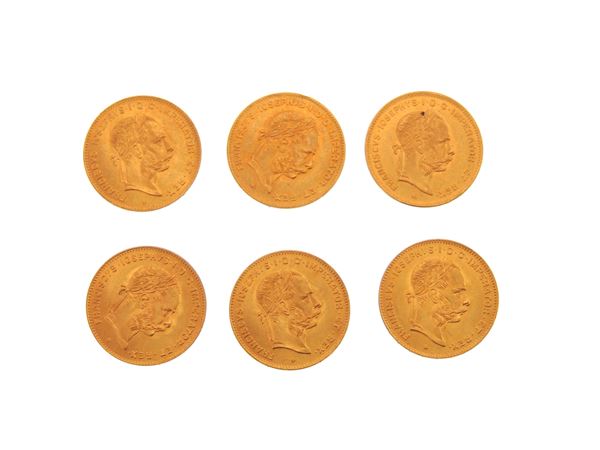 Six 10 Francs/4 Florins coins, Franz Joseph (1848-1916)