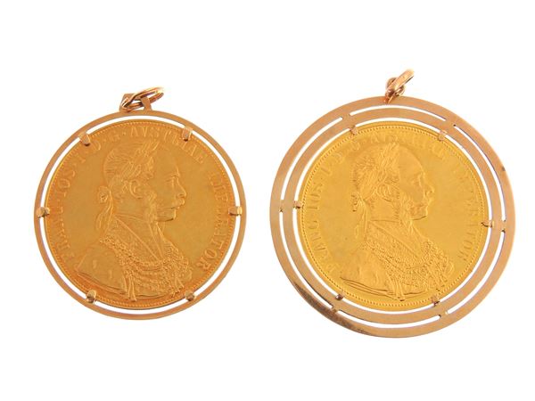 Due monete di 4 Ducati, Francesco Giuseppe I (1848-1916) con montatura in oro