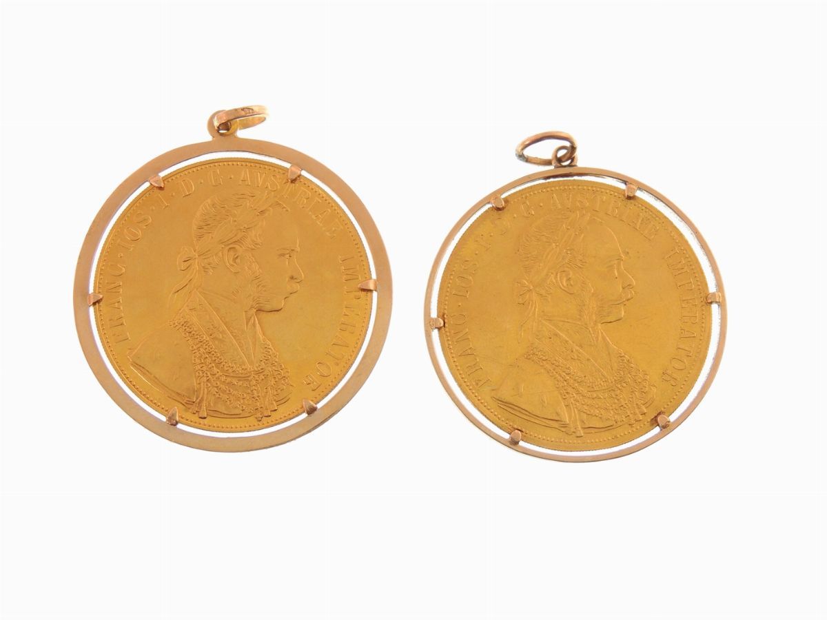 Due Monete di 4 Ducati, Francesco Giuseppe i (1848-1916) con Montatura in Oro