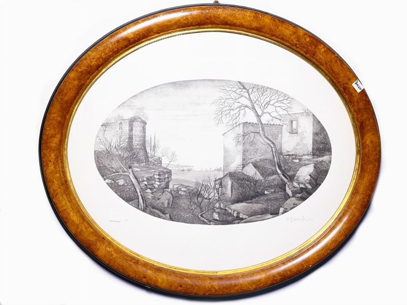Coppia di Stampe con Cornice in Legno Ovale
