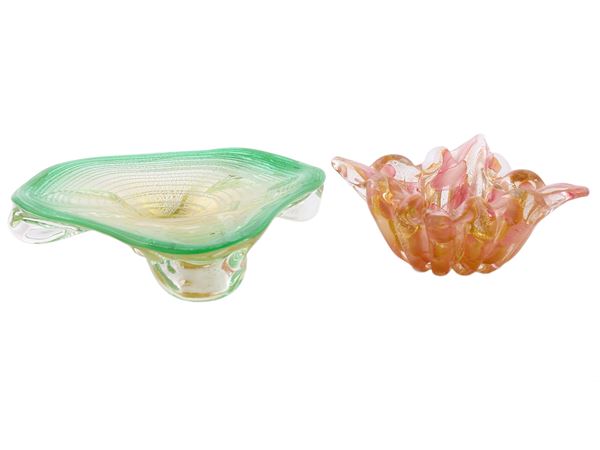 Two ashtray one with a pink and gold leaf decor the other with green, gold and lattimo decor