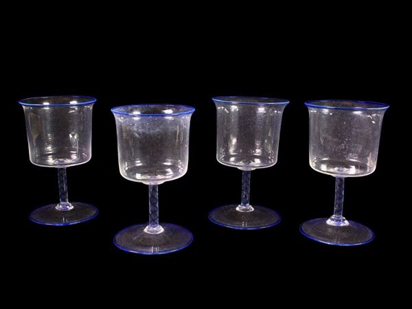 Four glass with blue rims applied  (Murano, 1930)  - Auction Only Glass - Maison Bibelot - Casa d'Aste Firenze - Milano